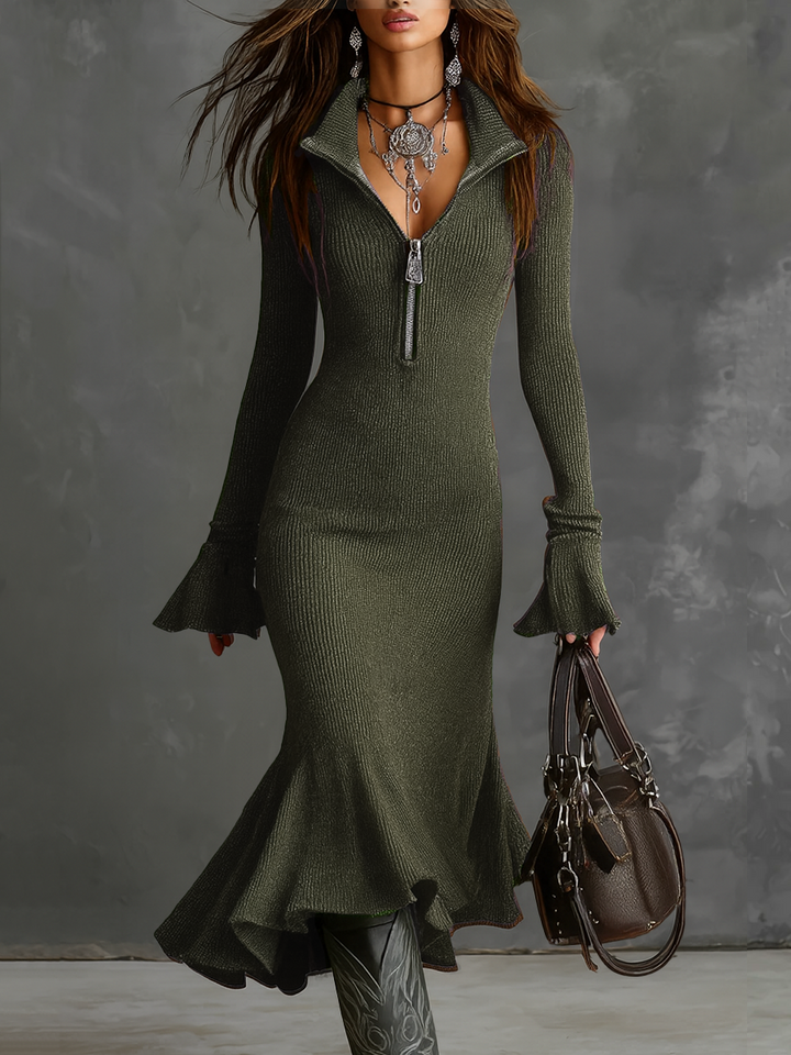 Danella™ Retro Zip Neck Knit Midi Dress